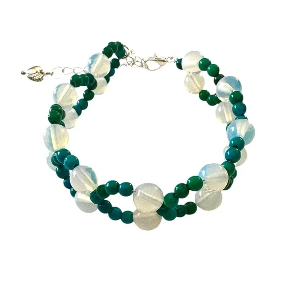 Opalite and Crysocolla Hand Beaded Bracelet with Adjustable Sizing Closure. - Picture 2 of 9